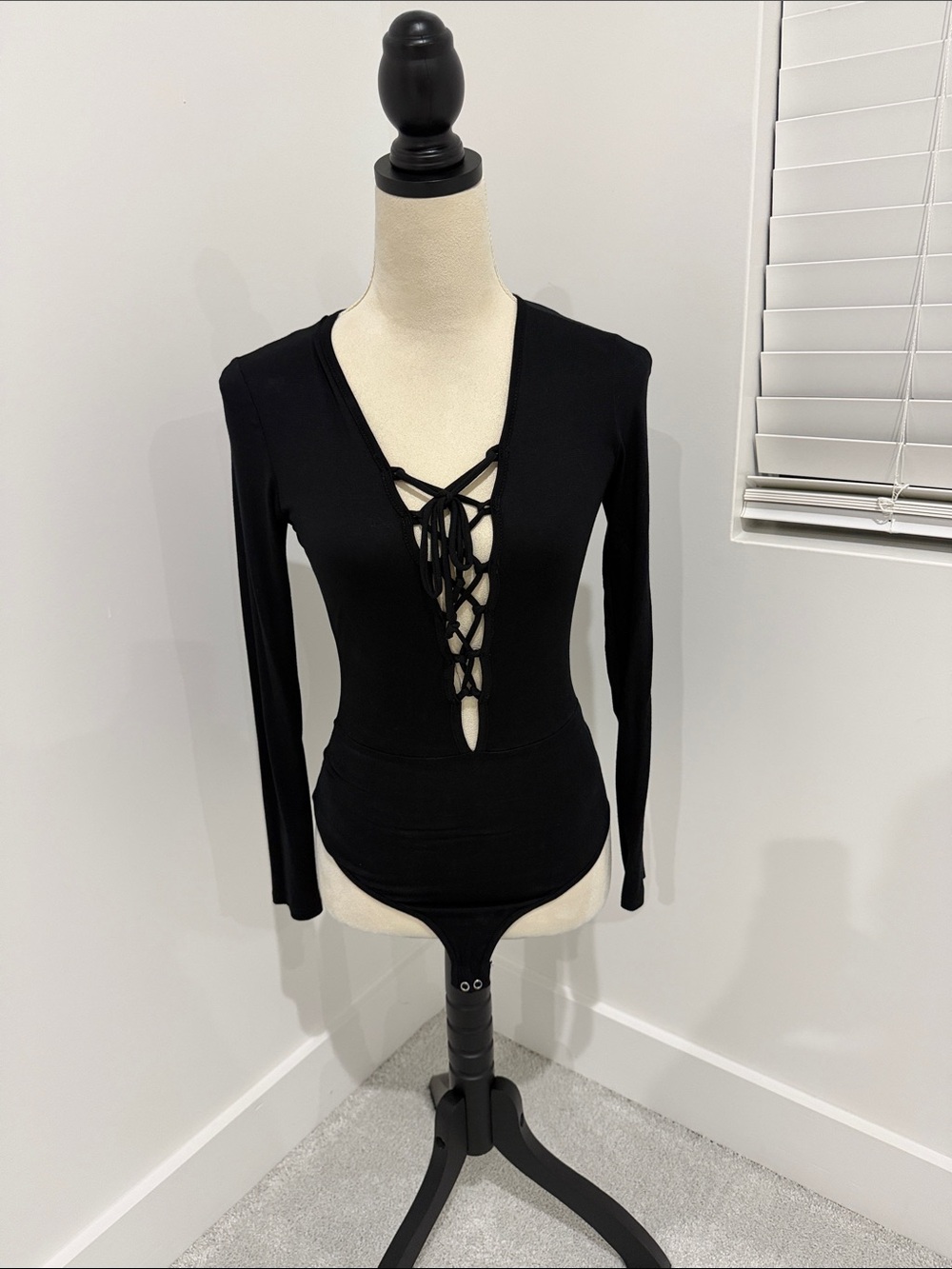 Fashion Nova Black Lace-Up Deep V Long Sleeve Bodysuit